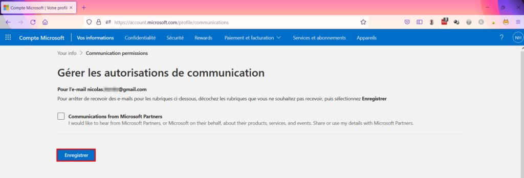 Microsoft confidentialité - Enregistrer fin autorisation com promotionnelles