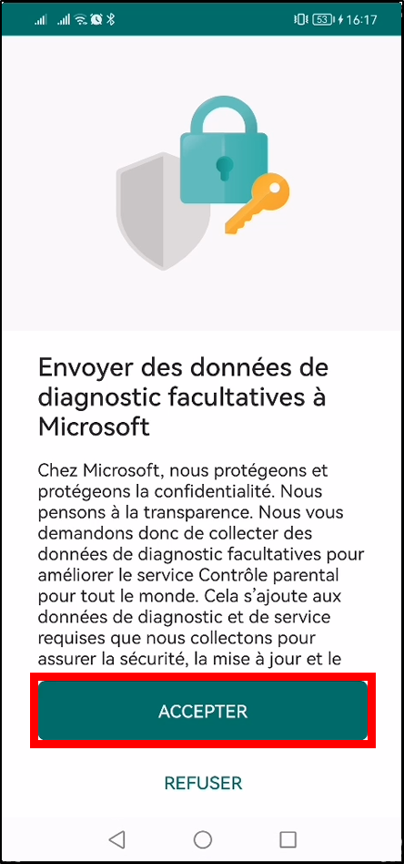 Configurer Family Safety Android - Accepter données facultatives
