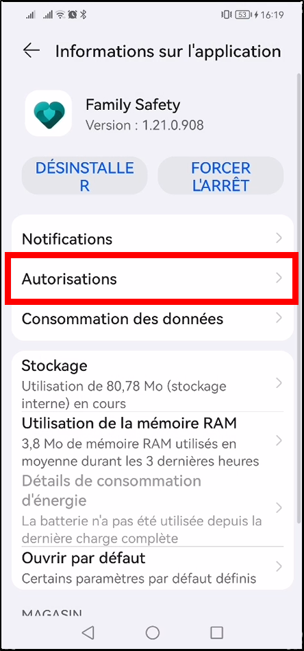 Configurer Family Safety Android - entrer dans autorisation dans paramètres