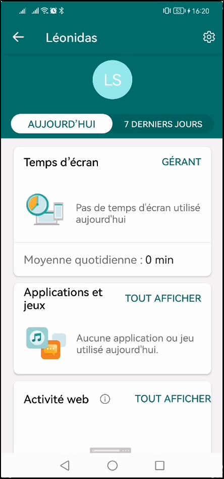 Configurer Family Safety Android - Tableau de bord enfant