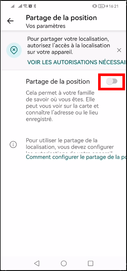 Configurer Family Safety Android - activer partage de la position