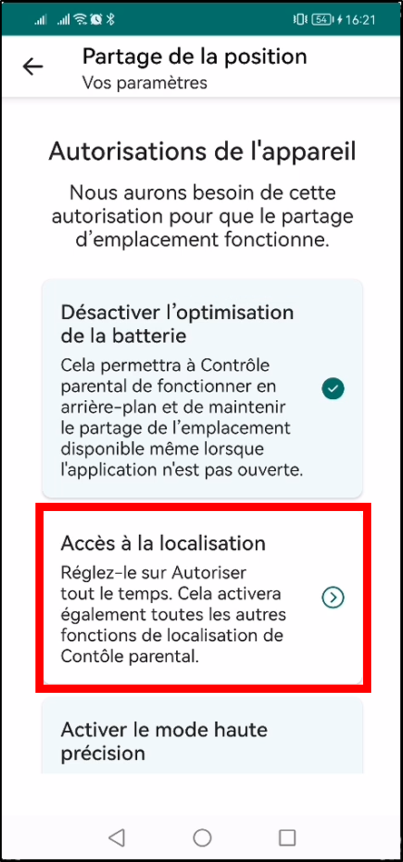 Configurer Family Safety Android - entrer dans accès à la localisation