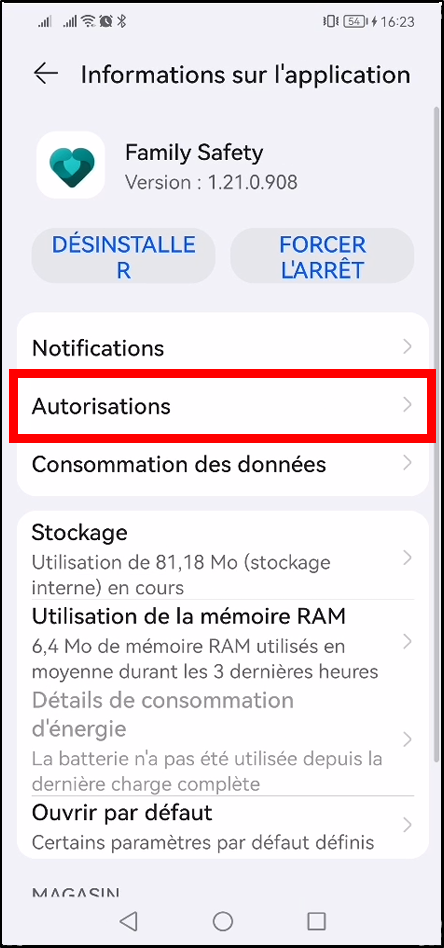 Configurer Family Safety Android - entrer dans autorisations