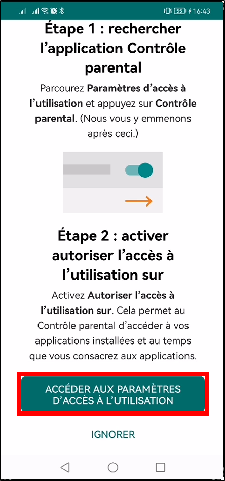 Configurer Family Safety Android - accéder aux paramètres d'accès à l'utilisation