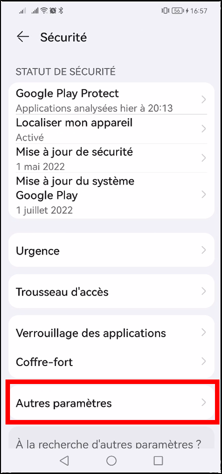 Configurer Family Safety Android - entrer dans autres paramètres de sécurité
