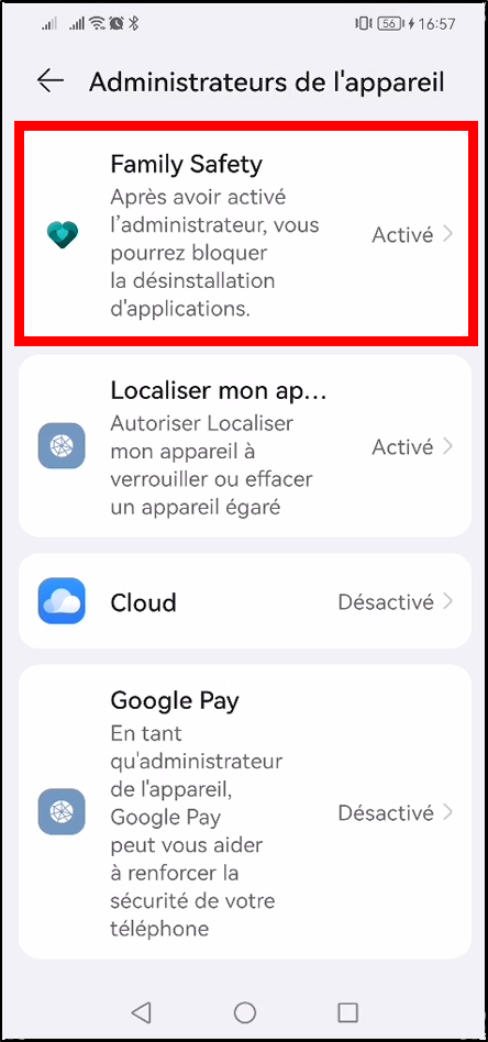 Configurer Family Safety Android - entrer dans family safety pour administrateur de l'appareil