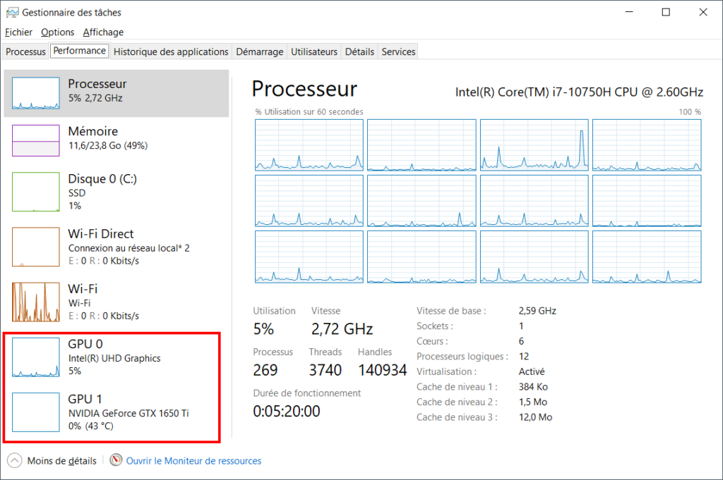 Connaître GPU Windows - Liste des GPU dans gestionnaire des tâches