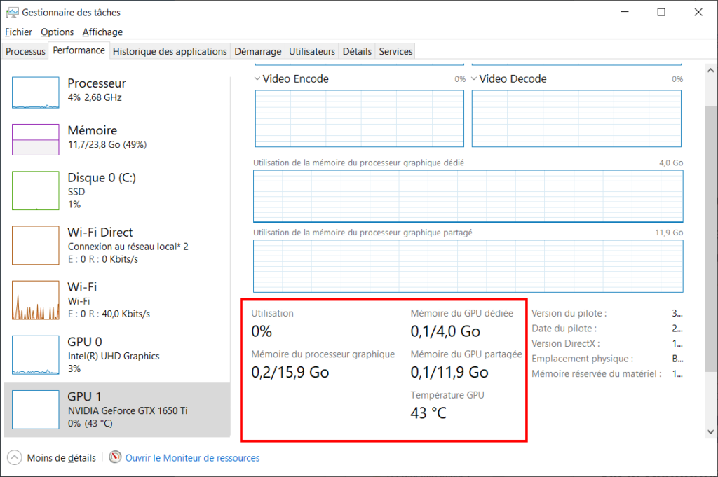 Connaître GPU Windows - Caractéristiques GPU 1 sur gestionnaire des tâches