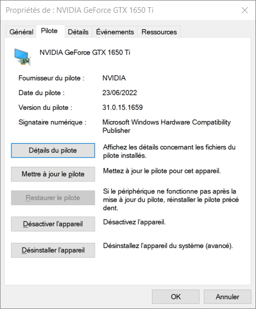 Connaître GPU Windows - Gestionnaire de périphériques détails de pilote GPU