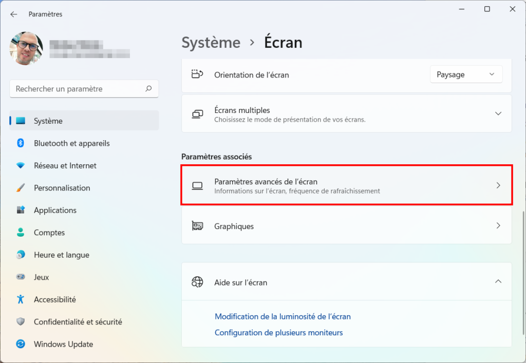 Connaître GPU Windows - Paramètres avancés de l'écran