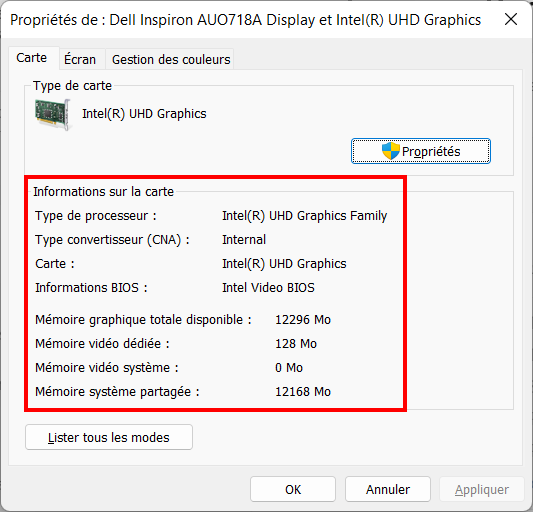 Connaître GPU Windows - Propriétés de la carte graphique