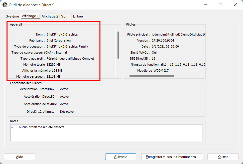 Connaître GPU Windows - DirectX Caractéristiques GPU 1