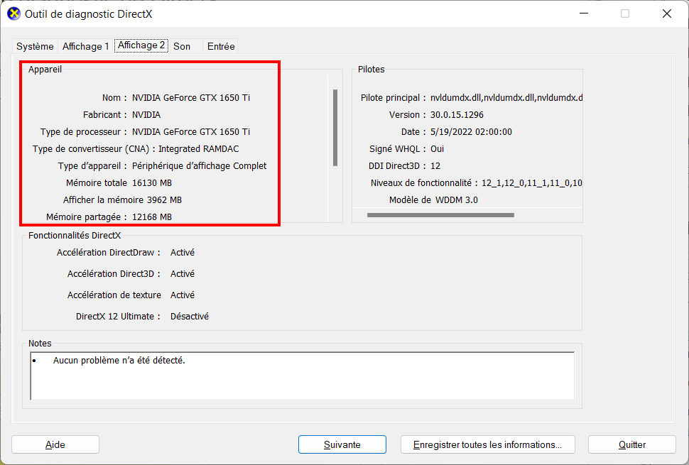 Connaître GPU Windows - DirectX propriétés GPU2