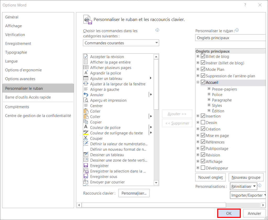 Raccourci clavier Word - Faire OK pour fermer Options Word