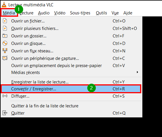 Extraire son vidéo VLC - Media puis Convertir/Enregistrer