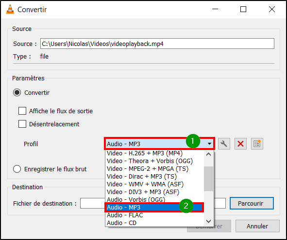 Extraire son vidéo VLC - Profil choisir MP3