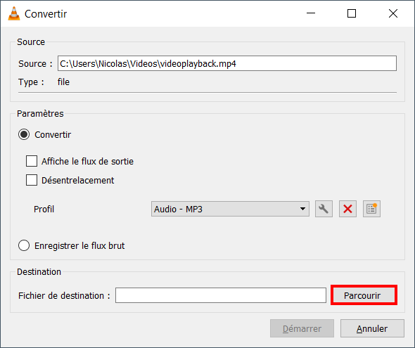 Extraire son vidéo VLC - Trouver emplacement d'enregistrement avec Parcourir