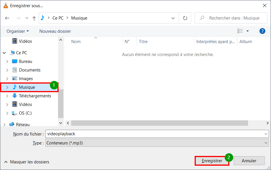 Extraire son vidéo VLC - Choisir emplacement puis Enregistrer