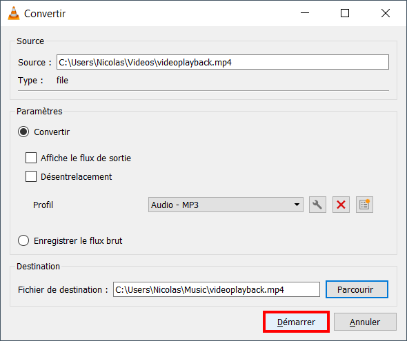 Extraire son vidéo VLC - Démarrer pour réaliser la conversion