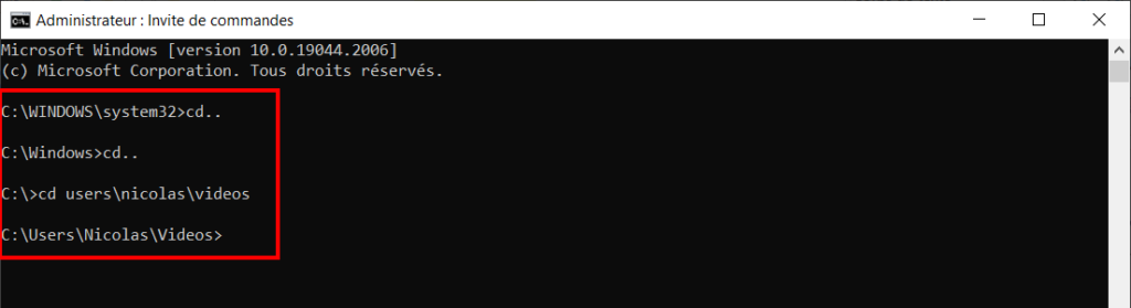 Extraire son vidéo FFmpeg - Invite de commandes aller dans répertoire de la vidéo