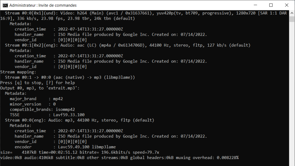 Extraire son vidéo FFmpeg - extraction réussie