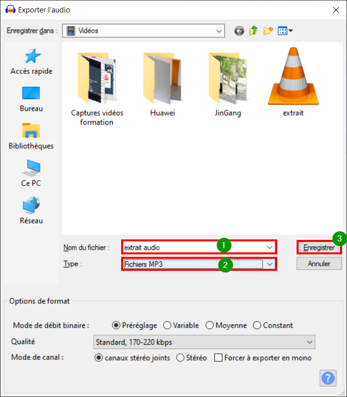 Extraire son vidéo Audacity - Choisir emplacement de sauvegarde du son, nommer le fichier, choisir le format MP3 et enregistrer