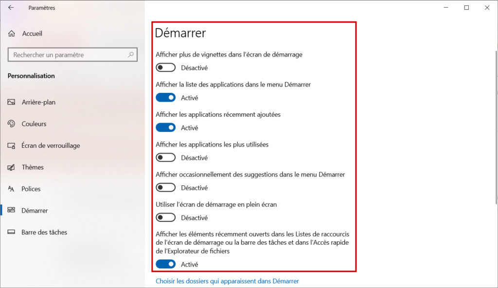 Organiser Démarrer - Options d'affichage du menu Démarrer