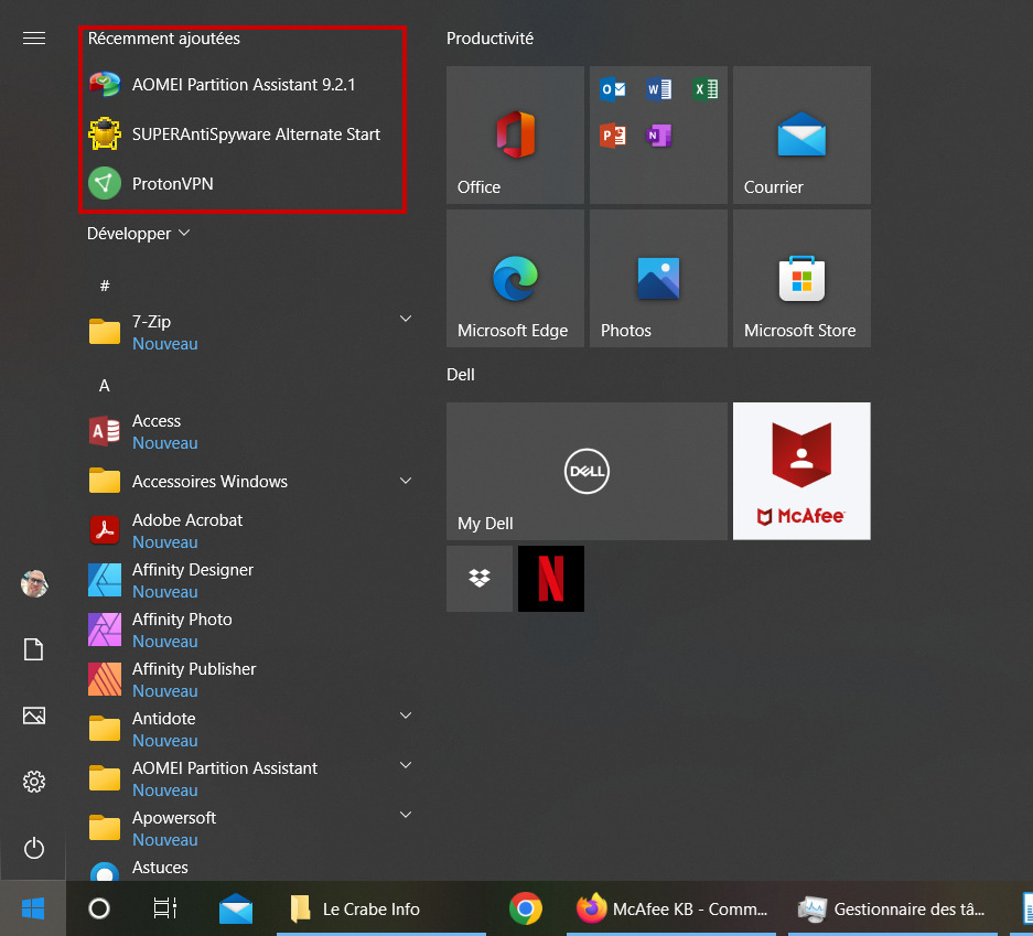Organiser Démarrer - Activer affichage des applications nouvellement installées
