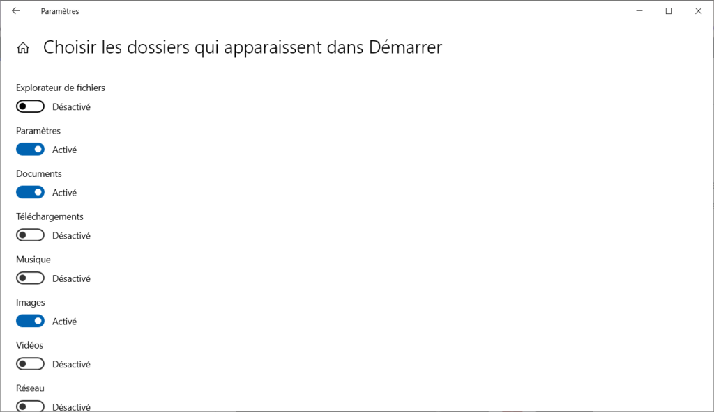 Organiser Démarrer - Option d'affichage des raccourcis (accès rapide) dans menu Démarrer