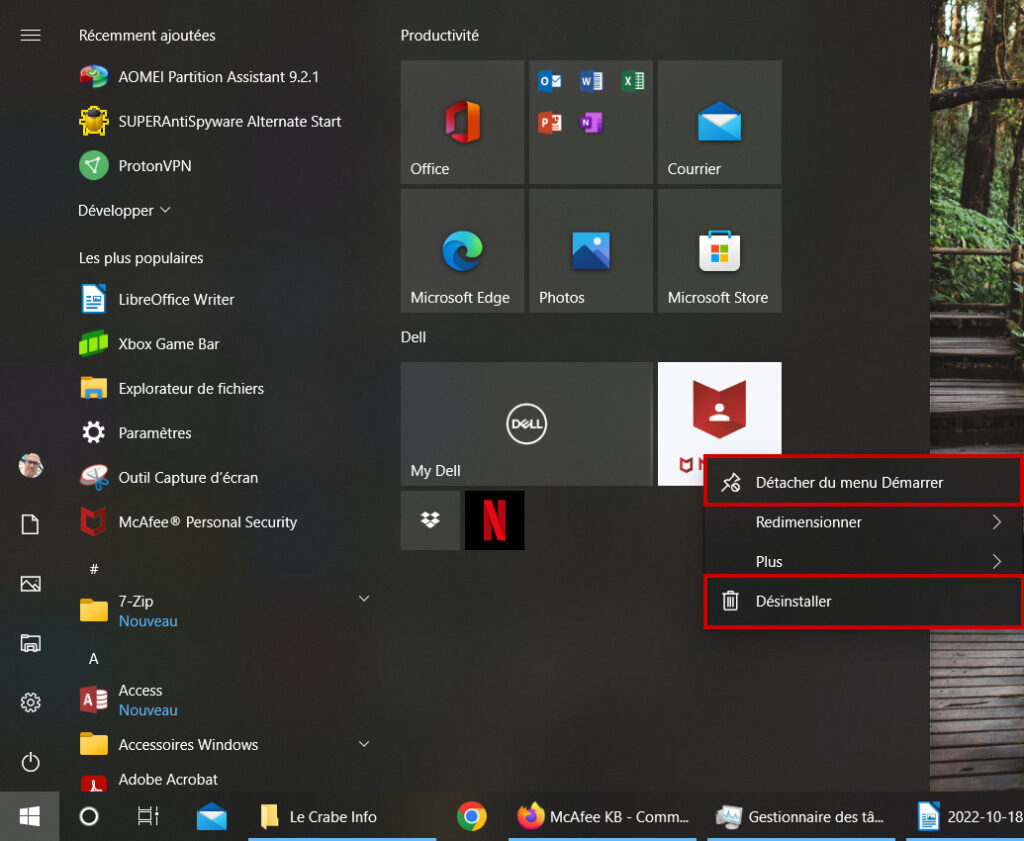 Organiser Démarrer - Détacher du menu Démarrer ou Désinstaller une application