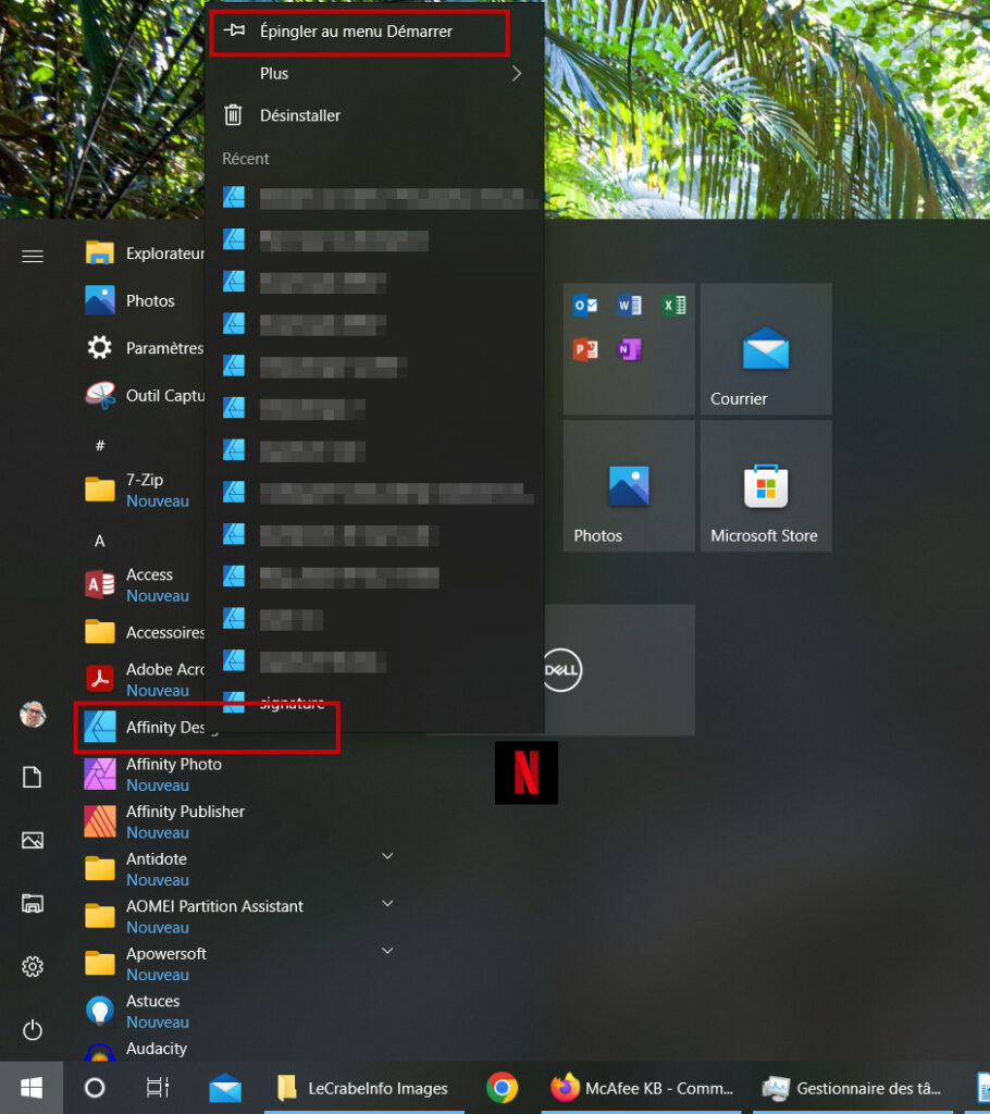 Organiser Démarrer - Épingler une application au menu Démarrer
