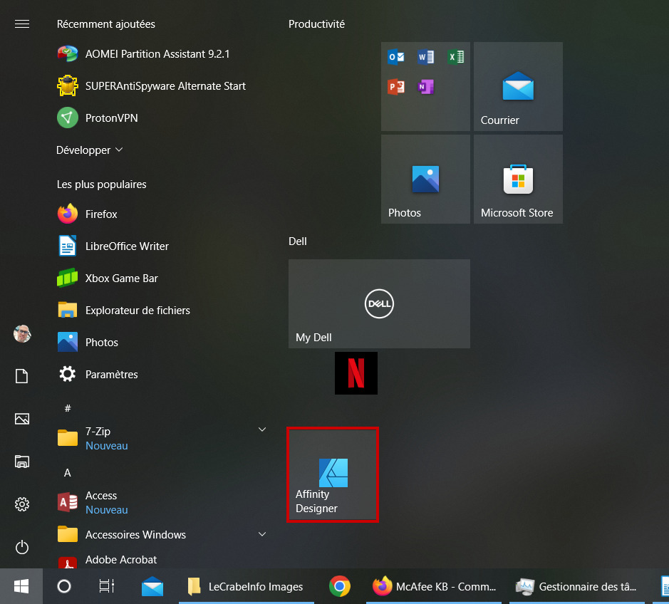 Organiser Démarrer - Affichage de l'application dans le menu Démarrer