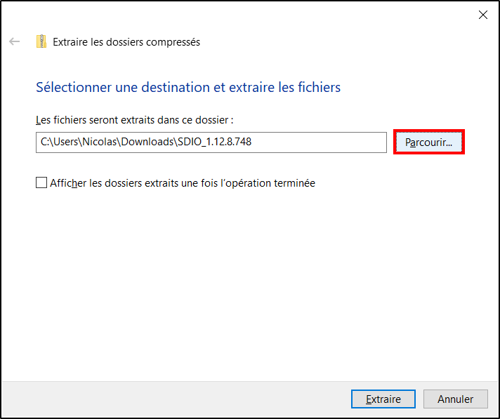 Snappy Driver Installer Origin - Parcourir pour emplacement d'extraction