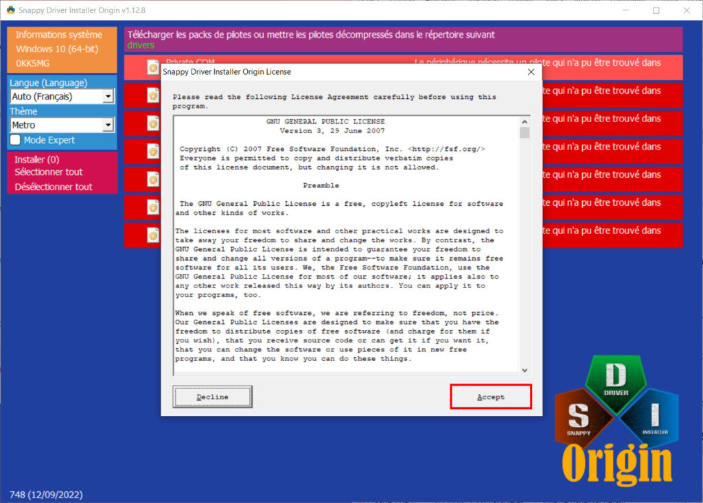 Snappy Driver Installer Origin - Accepter licence d'utilisation