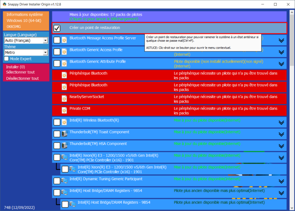 Snappy Driver Installer Origin - Créer un point de restauration