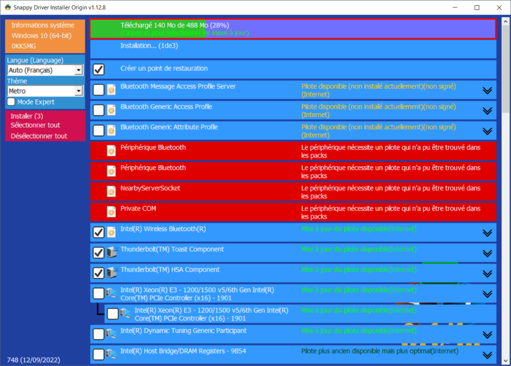 Snappy Driver Installer Origin - Avancement du téléchargement et de l'installation des pilotes