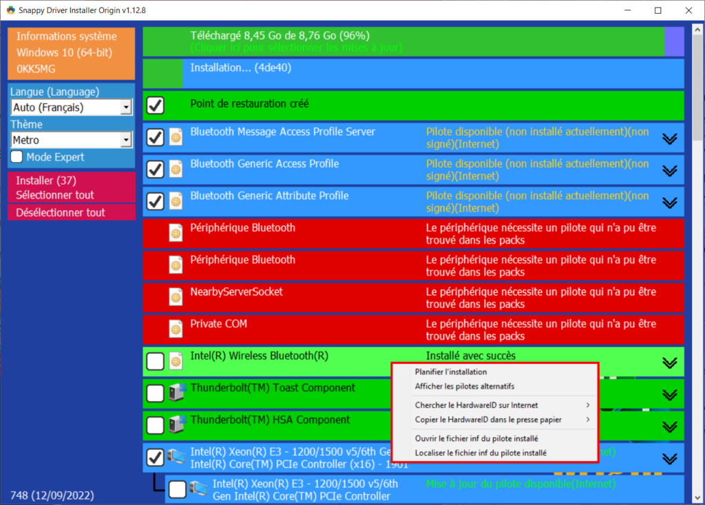 Snappy Driver Installer Origin - Menu contextuel des pilotes