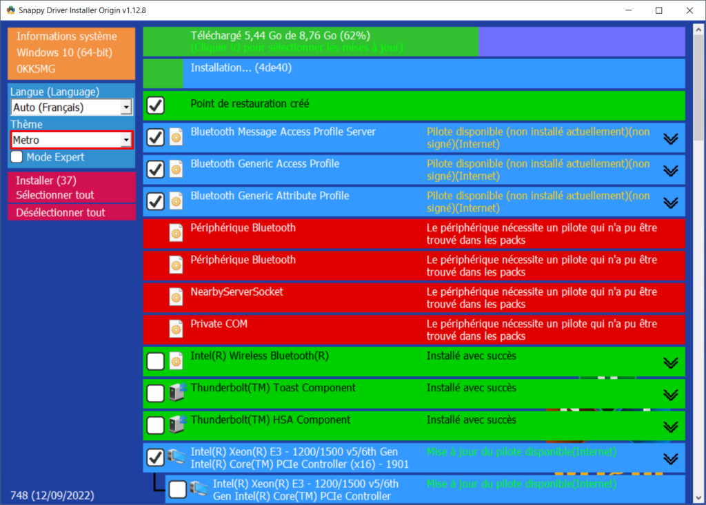 Snappy Driver Installer Origin - Cliquer sur thème pour le changer