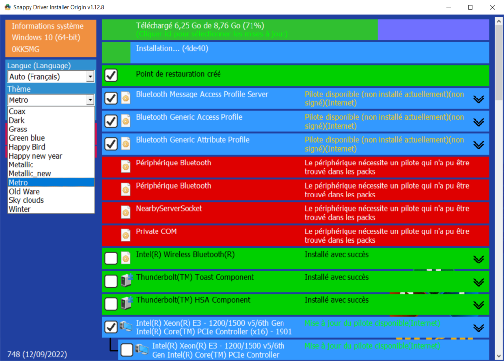 Snappy Driver Installer Origin - Liste des thèmes