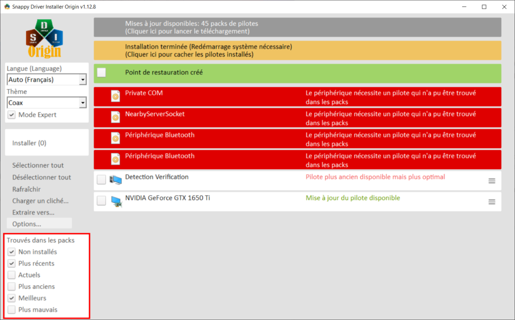 Snappy Driver Installer Origin - Modifier l'affichage des pilotes avec le mode expert