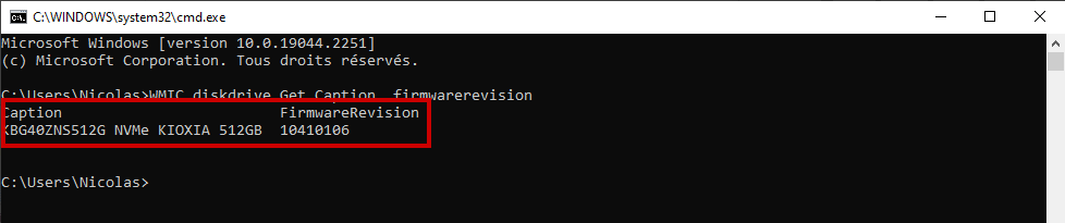 Mise à jour Firmware SSD - lecture du résultat à l'invite de commande