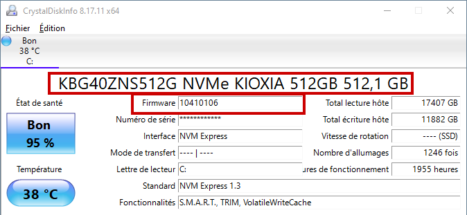 Mise à jour Firmware SSD - Lecture des informations sur CrystalDiskInfo