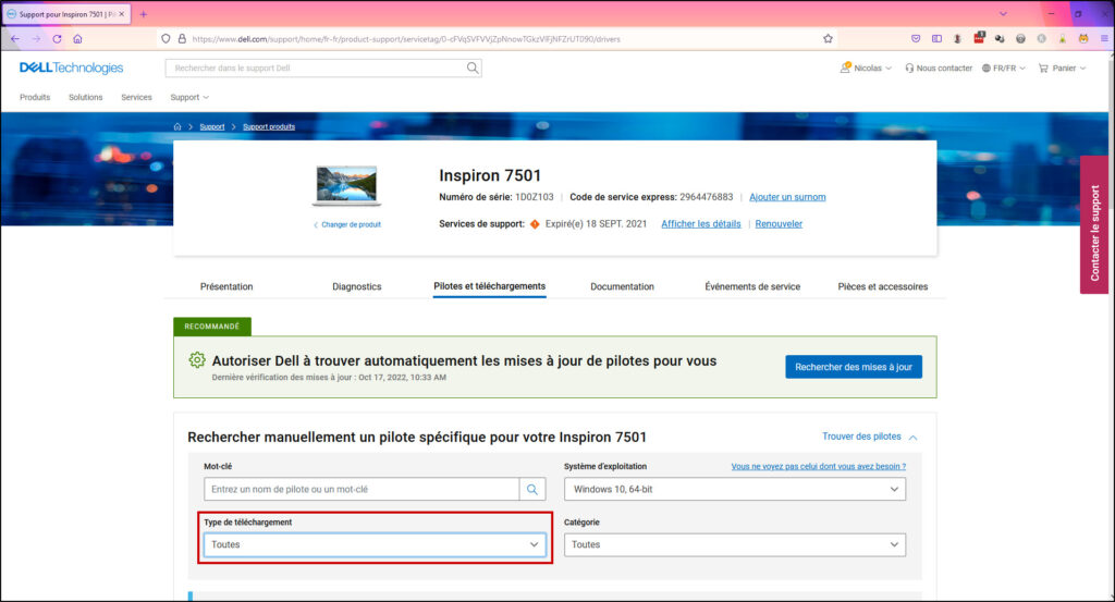 Mise à jour Firmware SSD - Cliquer sur Type de téléchargements