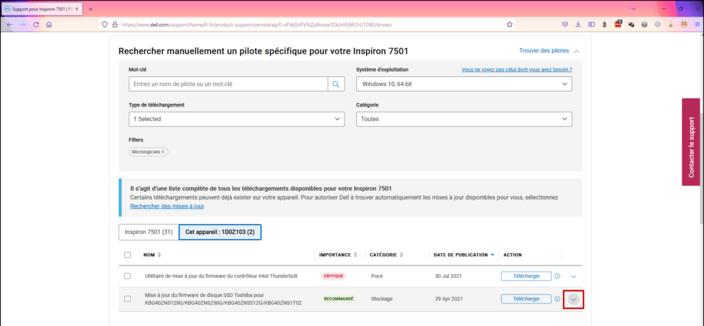 Mise à jour Firmware SSD - Ouvrir les détails du firmware pour vérifier la version en ligne