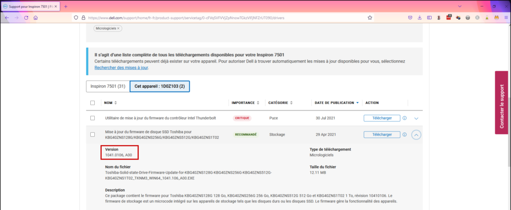 Mise à jour Firmware SSD - Noter la version du firmware en ligne