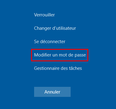 le menu de ctrl+alt+suppr pour modifier un mot de passe