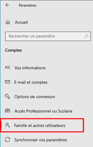 Accéder à Famille et autres utilisateurs pour créer un compte utilisateur