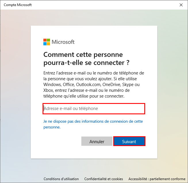 saisir l'e-mail du compte microsoft du nouvel utilisateur à créer