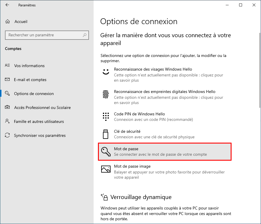 Accéder aux options du mot de passe pour le modifier
