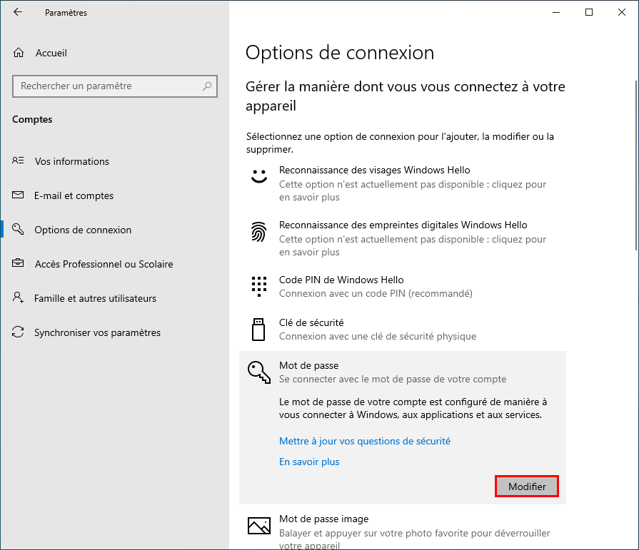 Modifier le mot de passe utilisateur